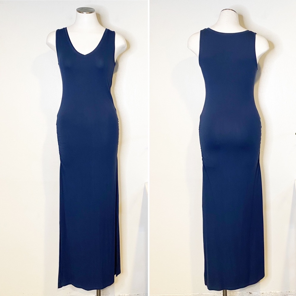 Lilla P | Navy Blue Sleeveless‎ Maxi Dress w/ Rushing on Side, V-neck Sz. XS
